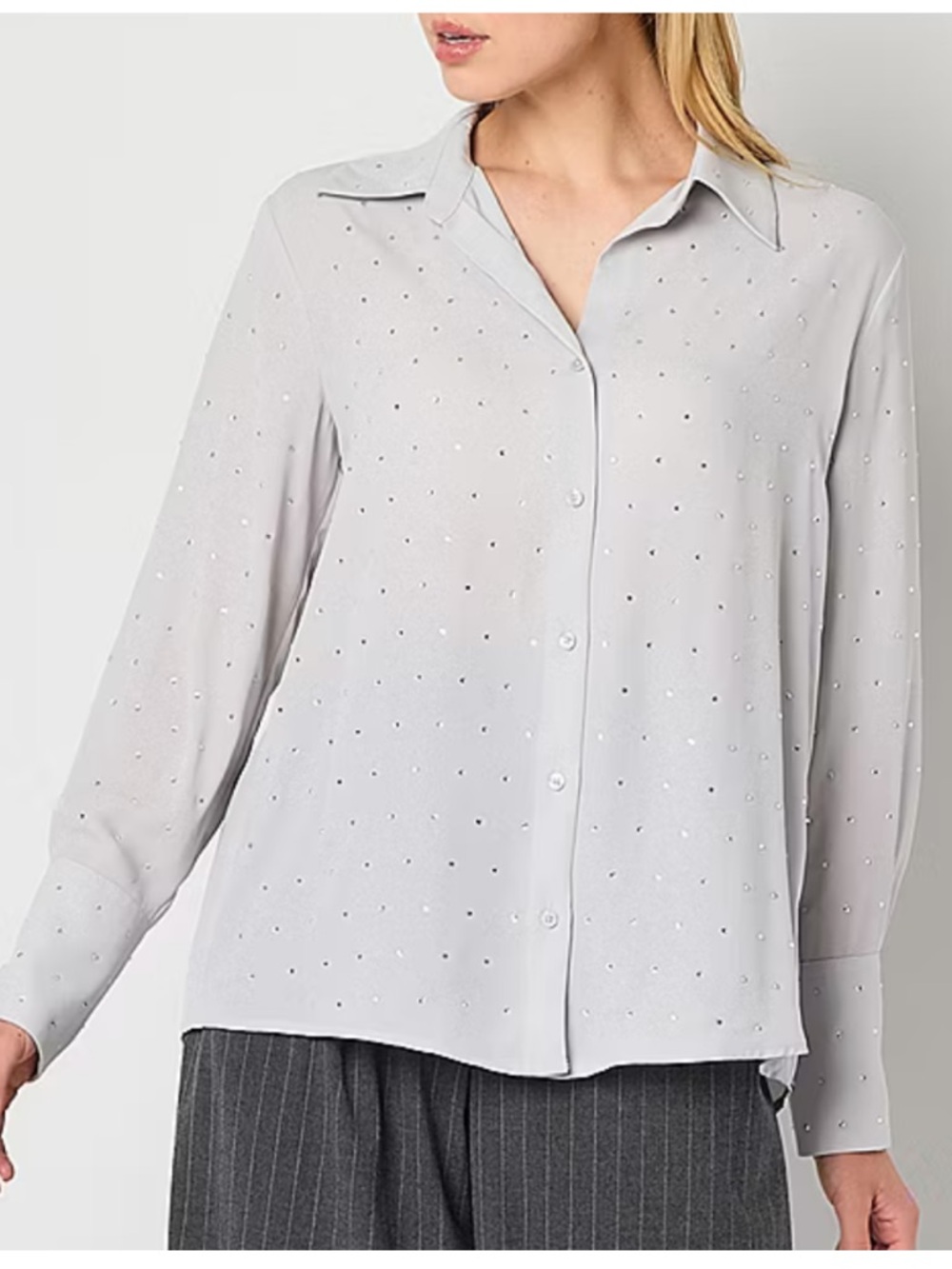 NWT Worthington Light Gray Button Down Shirt with Rhinestone Detail Size XL